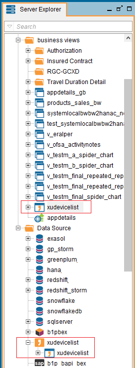 Denodo Server Explorer window with Theobald data source and views