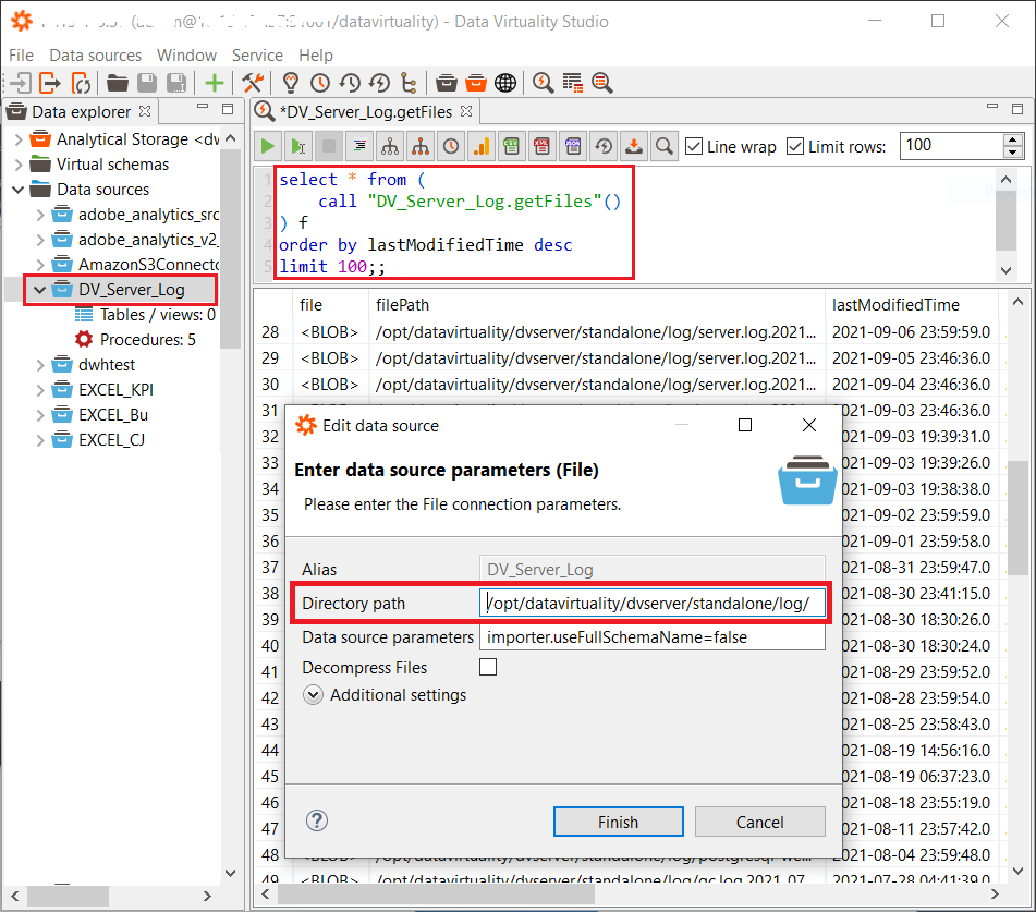 display log files on Data Virtuality using File connector and SQL code