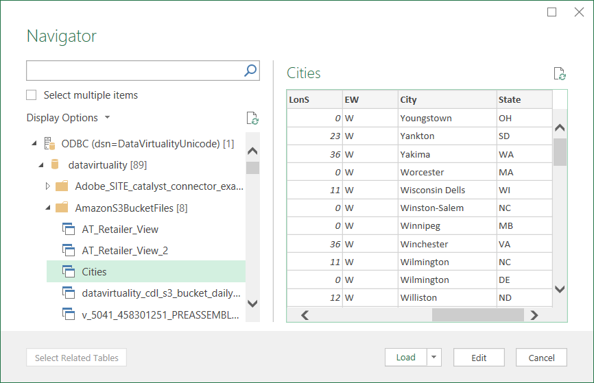 preview table or view data to read using Excel