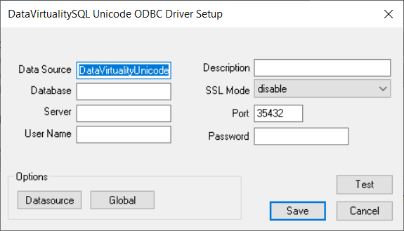 ODBC data source creation for Data Virtuality connection