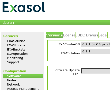 EXAoperation Web UI tool for Exasol database version identification