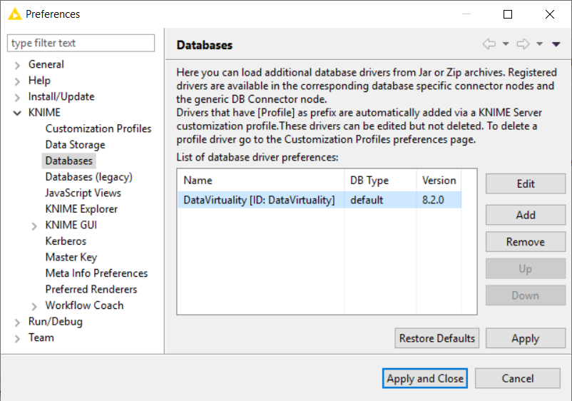 Knime Analytics additional database driver preferences