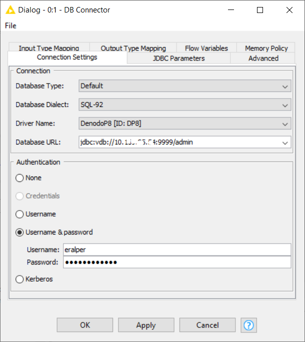 Knime to Denodo database connection settings
