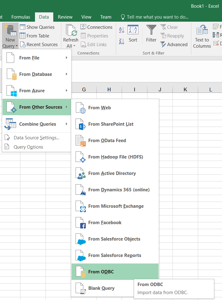 Import data from ODBC Data Virtuality connection into Excel