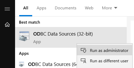 run ODBC Administration as administrator
