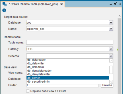database schema selection for target remote table