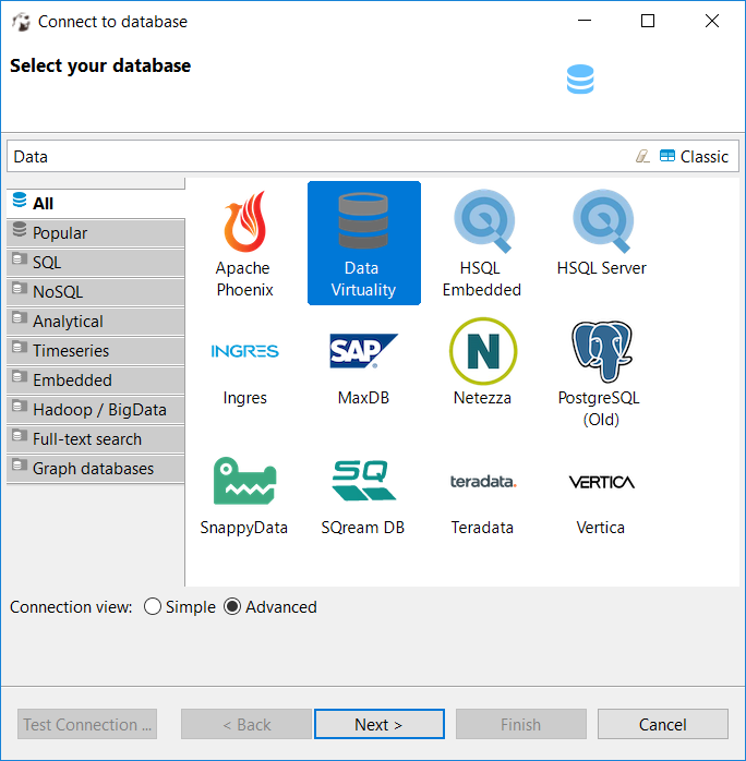 select Data Virtuality to connect from DBeaver