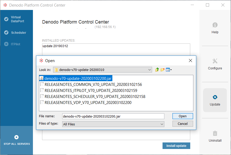 select update file to install Denodo Platform