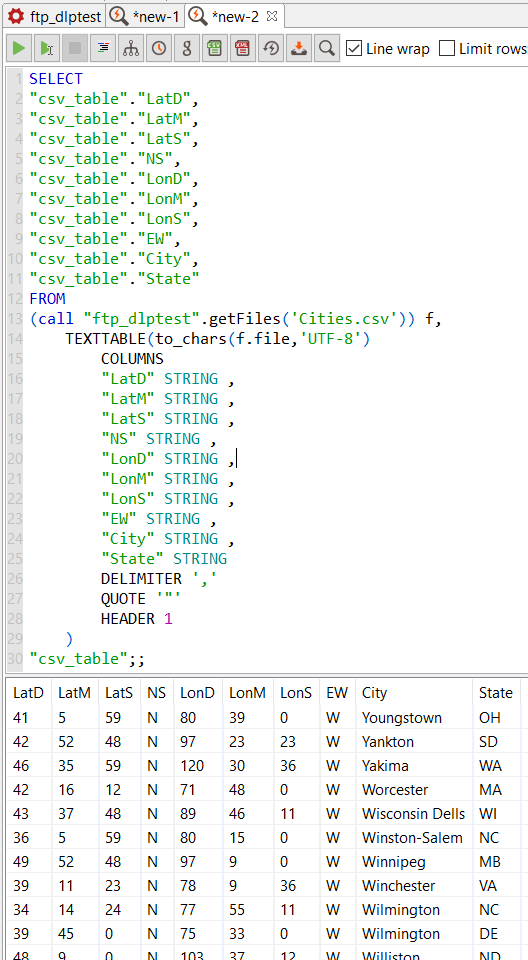 Query data using SQL code from FTP CSV file on Data Virtuality