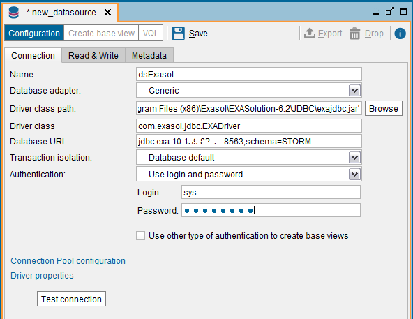 Exasol JDBC connection configuration on Denodo data virtualization platform