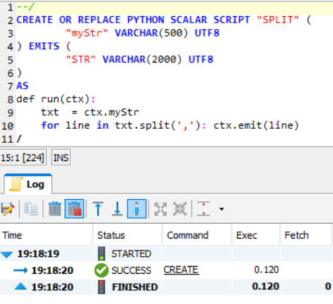 Exasol UDF Script for string split function