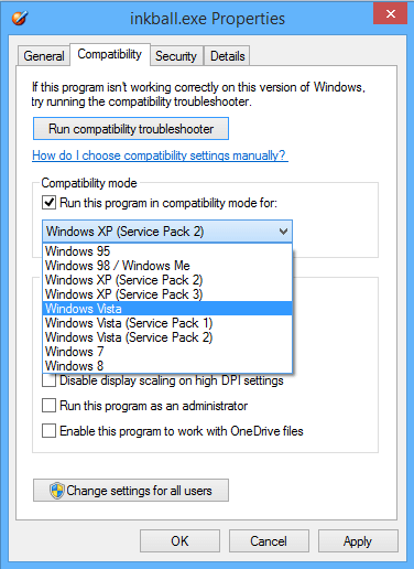 Inkball game compability mode on Windows 8 and Windows 7