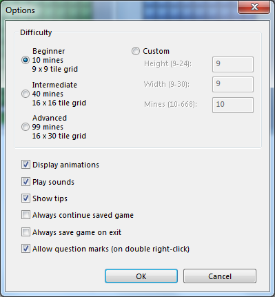 Windows Minesweeper game options for children in Windows7