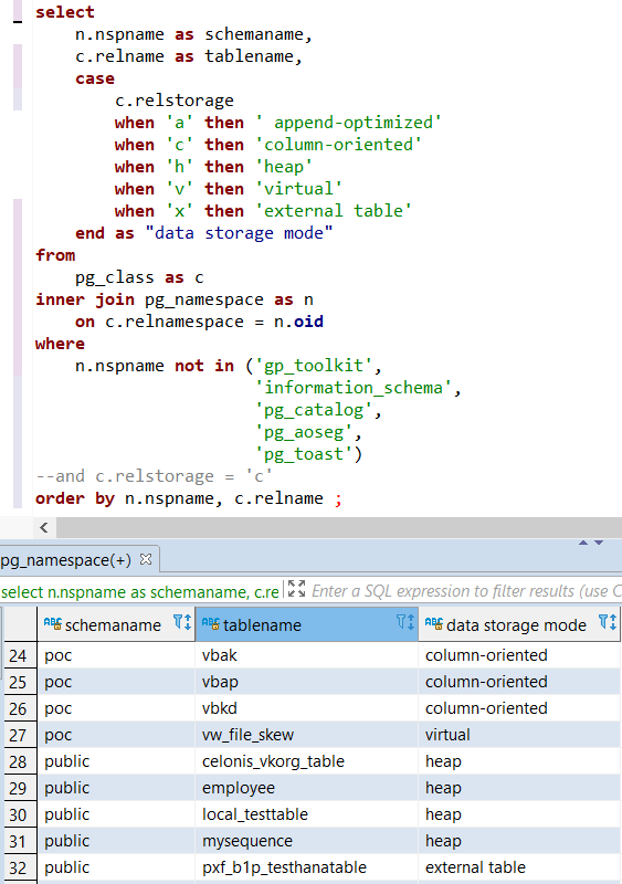 display Greenplum database tables data storage modes to filter column-store tables