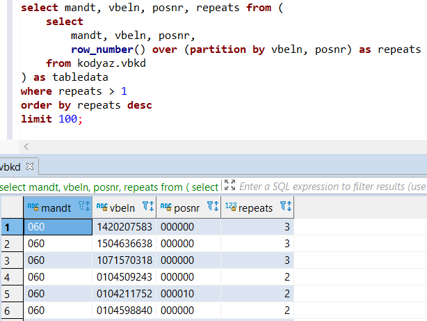 identify duplicate rows in Greenplum database table using SQL