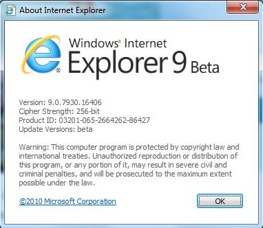 Windows Internet Explorer 9 IE9 beta version number