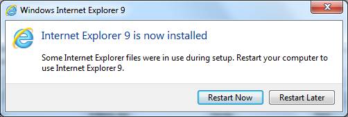 Windows Internet Explorer 9 install complete