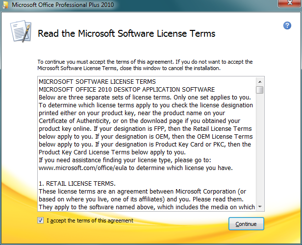 Microsoft Office 2010 Desktop Application Software licence terms