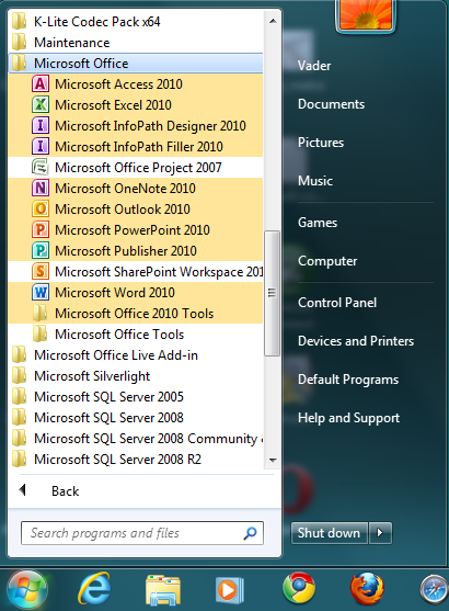 Windows 7 Microsoft Office 2010 program group