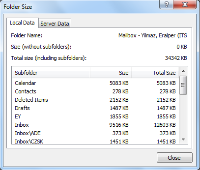 list of folders and folder sizes in Outlook