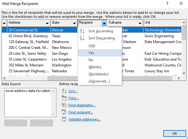 filter recipient data for label printing