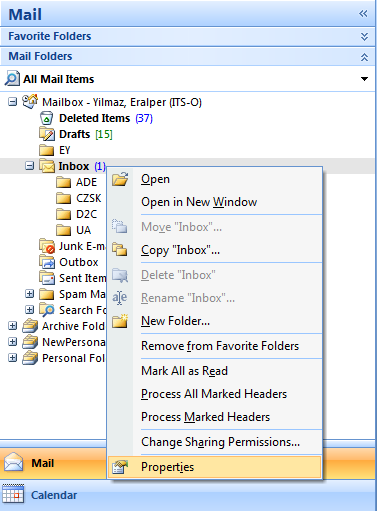folder size for specific folder in MS Office Outlook