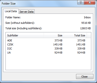 Microsoft Office Outlook folder size including subfolders