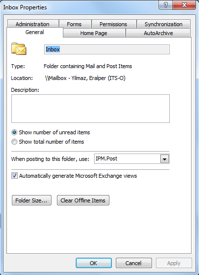 Microsoft Outlook folders Properties screen