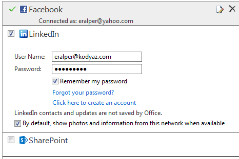 LinkedIn account setting for Outlook connection