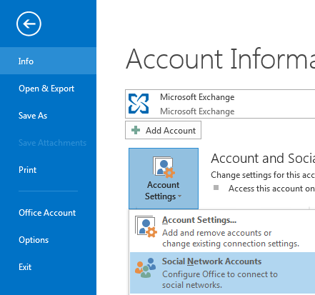 Microsoft Office Outlook Social Network Accounts