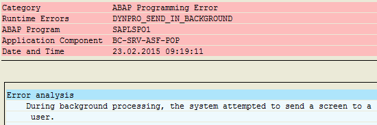 SAP DYNPRO_SEND_IN_BACKGROUND error in ST22 ABAP Runtime Errors