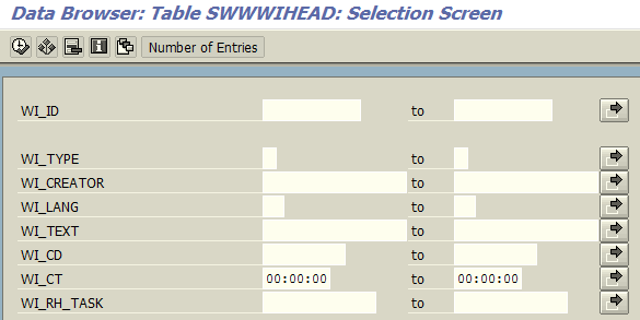 ABAP data browser selection fields for sample SAP table