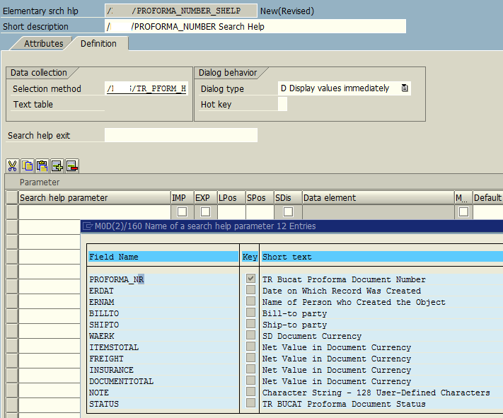 search help parameters in ABAP data dictionary