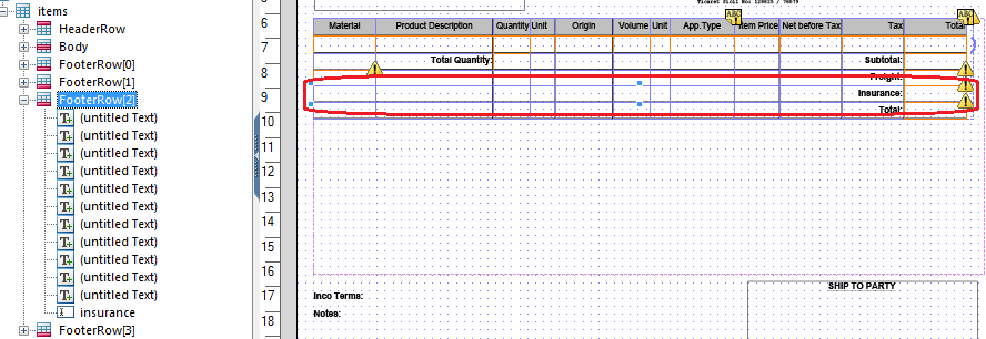 Adobe Form table footer row presence visible or hidden