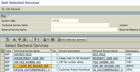 SAP Backend Services list including CDS View OData service