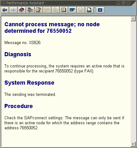 Message no XS826: Cannot process message; no node determined for 76550052