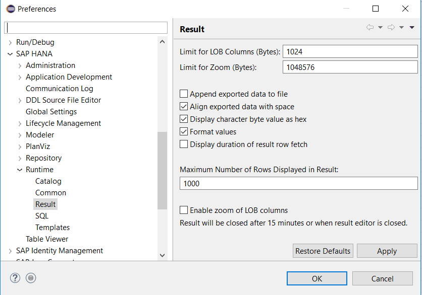 SAP HANA Studio Preferences settings for maximum number of rows