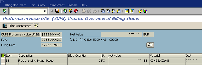 SAP billing document create screen