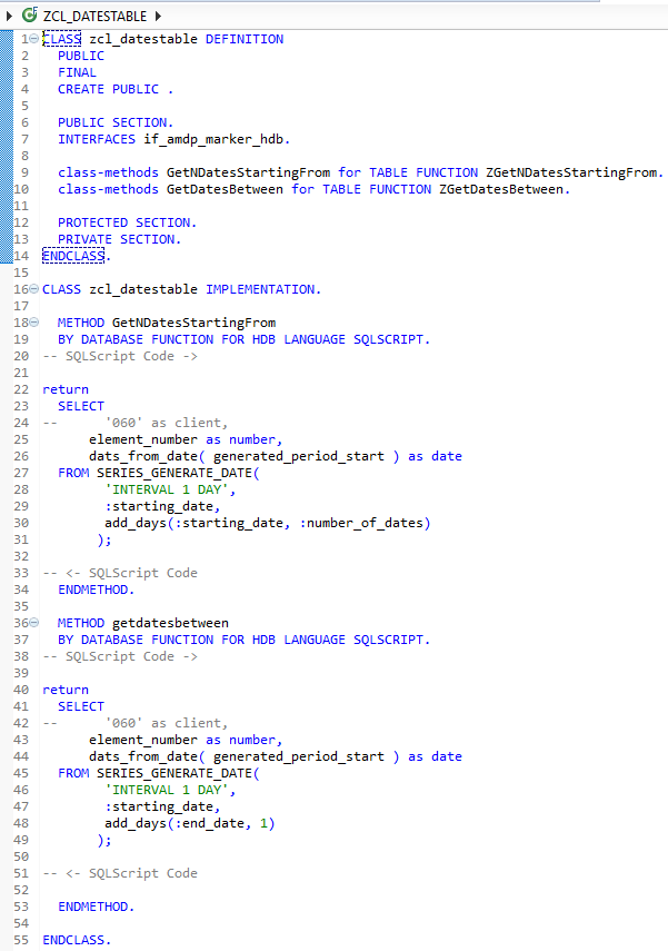 AMDP Table Function codes for CDS Dates Table