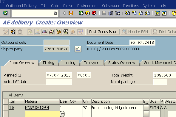 create delivery on SAP VL01N transaction screen