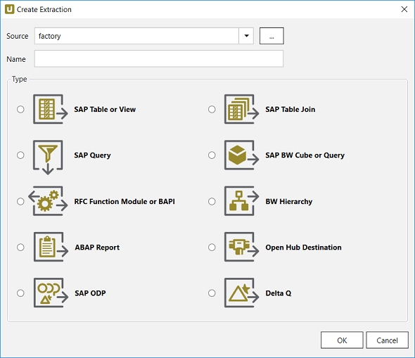 create extraction choosing data source and type