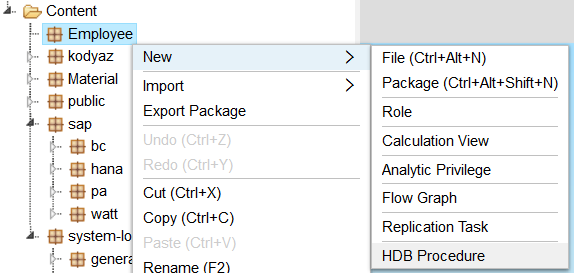 create new HANA database procedure