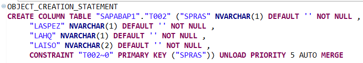 create table SQL command for sample SAP HANA database table