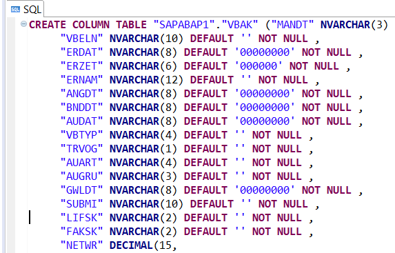 generate Create Table SQL statement for HANA table