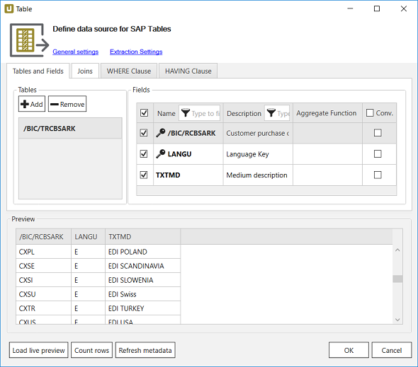 define data source for SAP tables in Xtract Universal