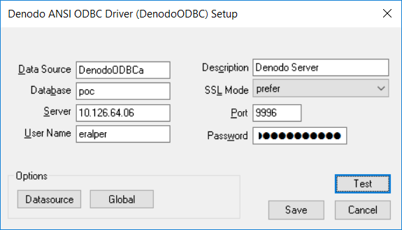 Denodo ANSI ODBC Driver configuration