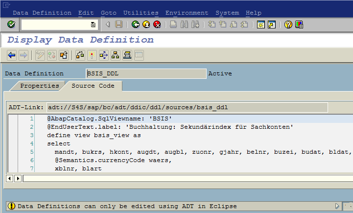 show SQL DDL source codes of CDS view in SAP GUI