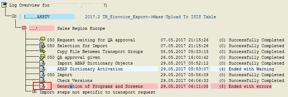 display error logs for transport request import on SAP