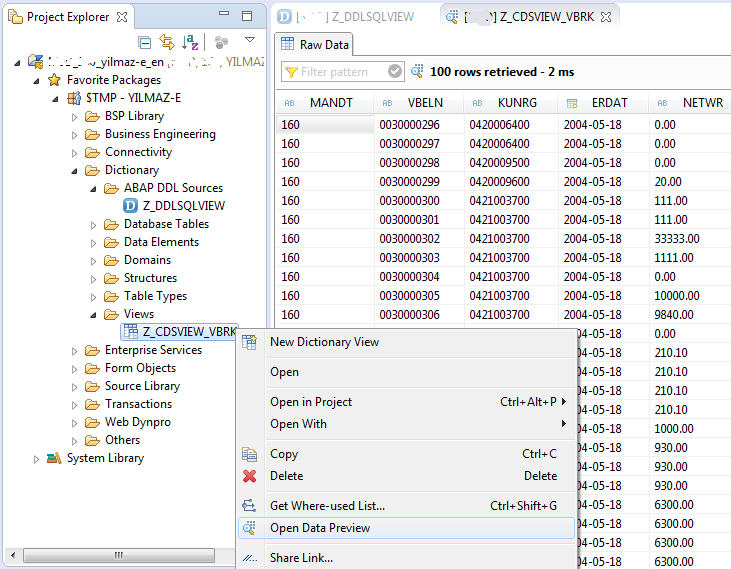 SAP CDS View data display with Data Preview tool in Eclipse