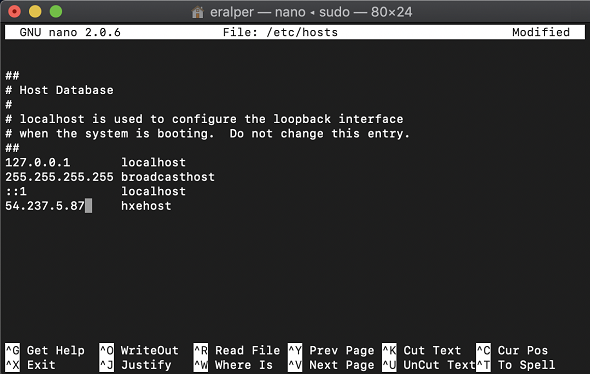 edit hosts file for hxehost IP address